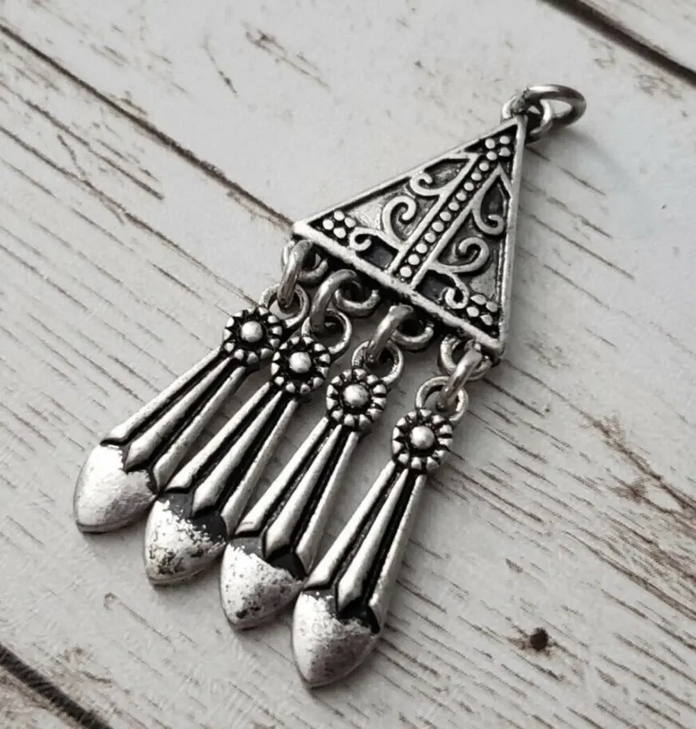 Vintage Pendant Ornate Silver Tone Triangle with Dangles